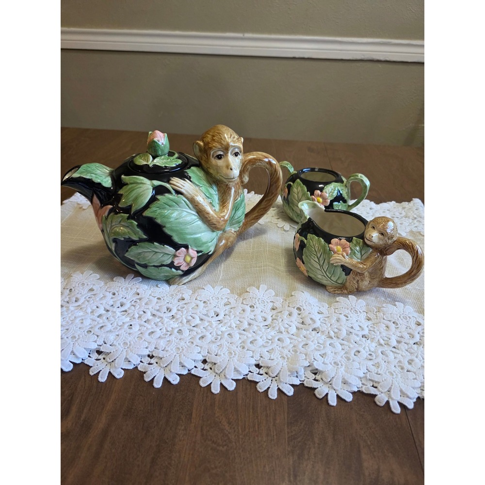 Vintage Fitz and Floyd Monkey Tea Set Teapot Creamer Sugar Bowl 1986 Japan